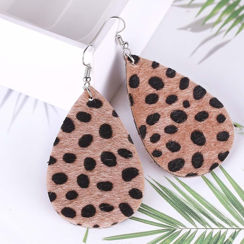 Women Hollow Leopard Dot Print Faux Leather Teardrop Hook Earrings Jewelry Gift Image 4