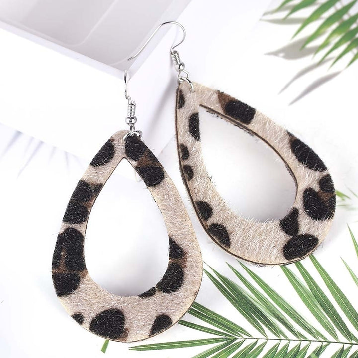 Women Hollow Leopard Dot Print Faux Leather Teardrop Hook Earrings Jewelry Gift Image 4