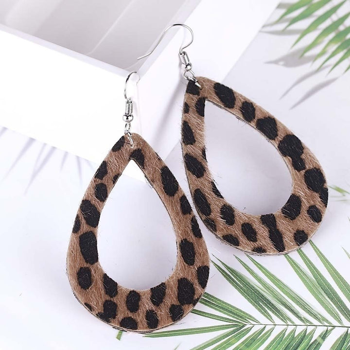 Women Hollow Leopard Dot Print Faux Leather Teardrop Hook Earrings Jewelry Gift Image 6