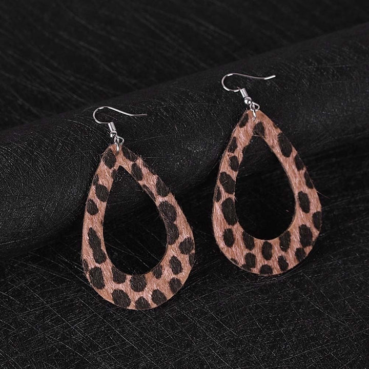 Women Hollow Leopard Dot Print Faux Leather Teardrop Hook Earrings Jewelry Gift Image 10