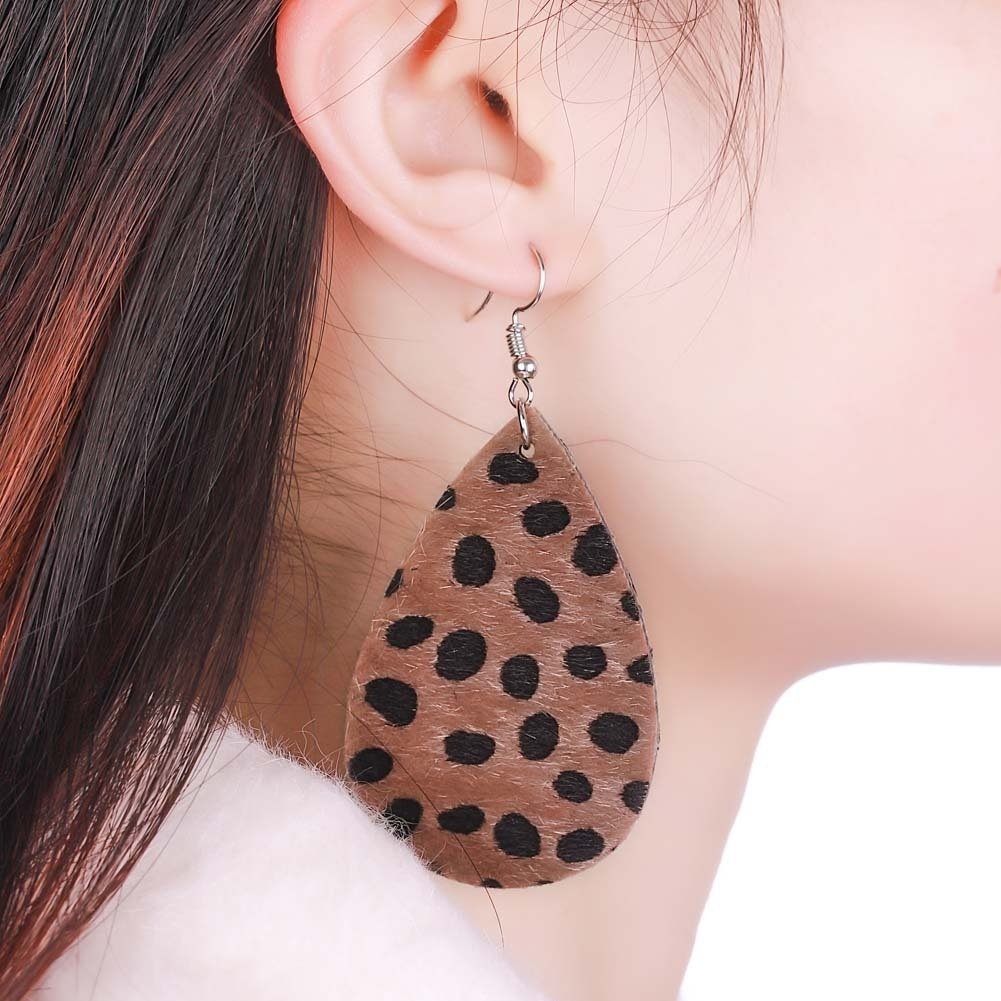 Women Hollow Leopard Dot Print Faux Leather Teardrop Hook Earrings Jewelry Gift Image 12