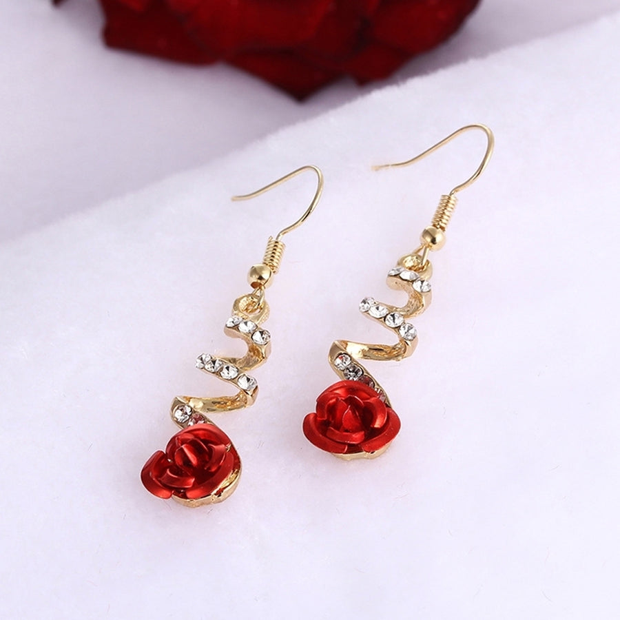 Women Fashion Red Rose Drop Rhinestone Spiral Dangle Hook Earrings Jewelry Gift Image 1