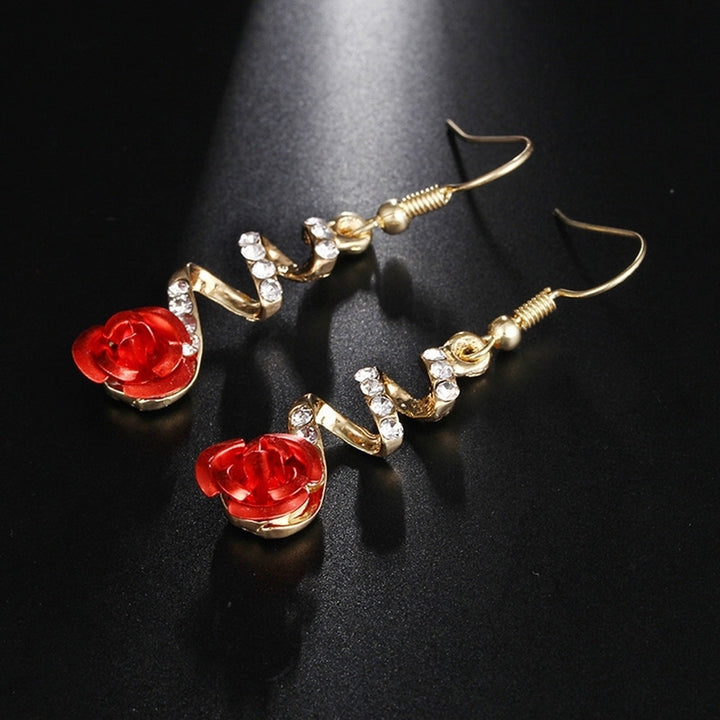 Women Fashion Red Rose Drop Rhinestone Spiral Dangle Hook Earrings Jewelry Gift Image 2