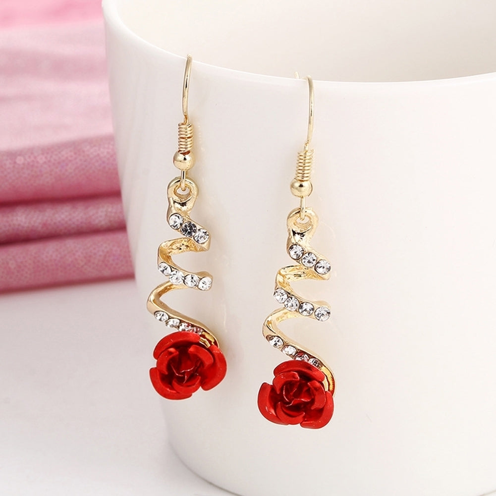 Women Fashion Red Rose Drop Rhinestone Spiral Dangle Hook Earrings Jewelry Gift Image 3