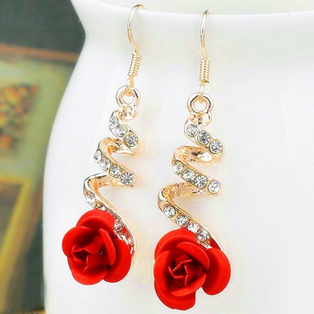 Women Fashion Red Rose Drop Rhinestone Spiral Dangle Hook Earrings Jewelry Gift Image 4