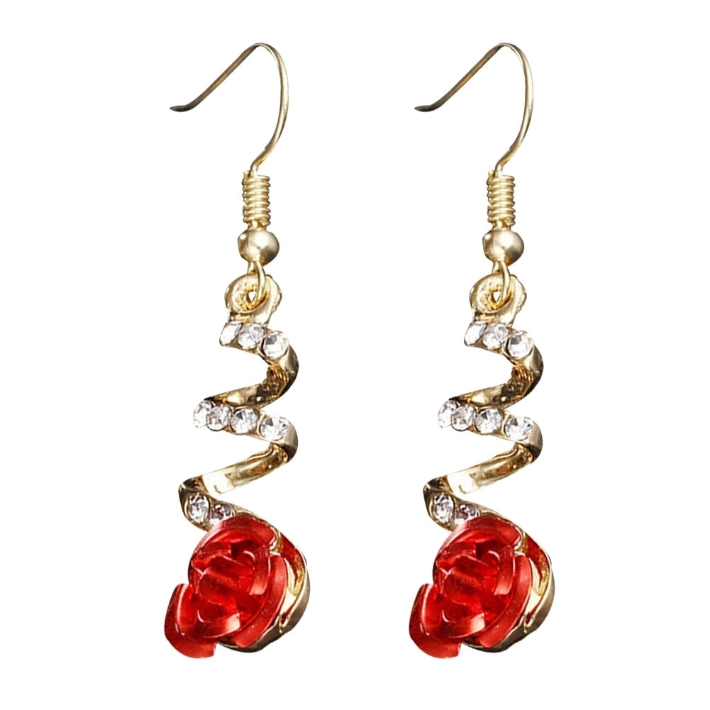 Women Fashion Red Rose Drop Rhinestone Spiral Dangle Hook Earrings Jewelry Gift Image 4