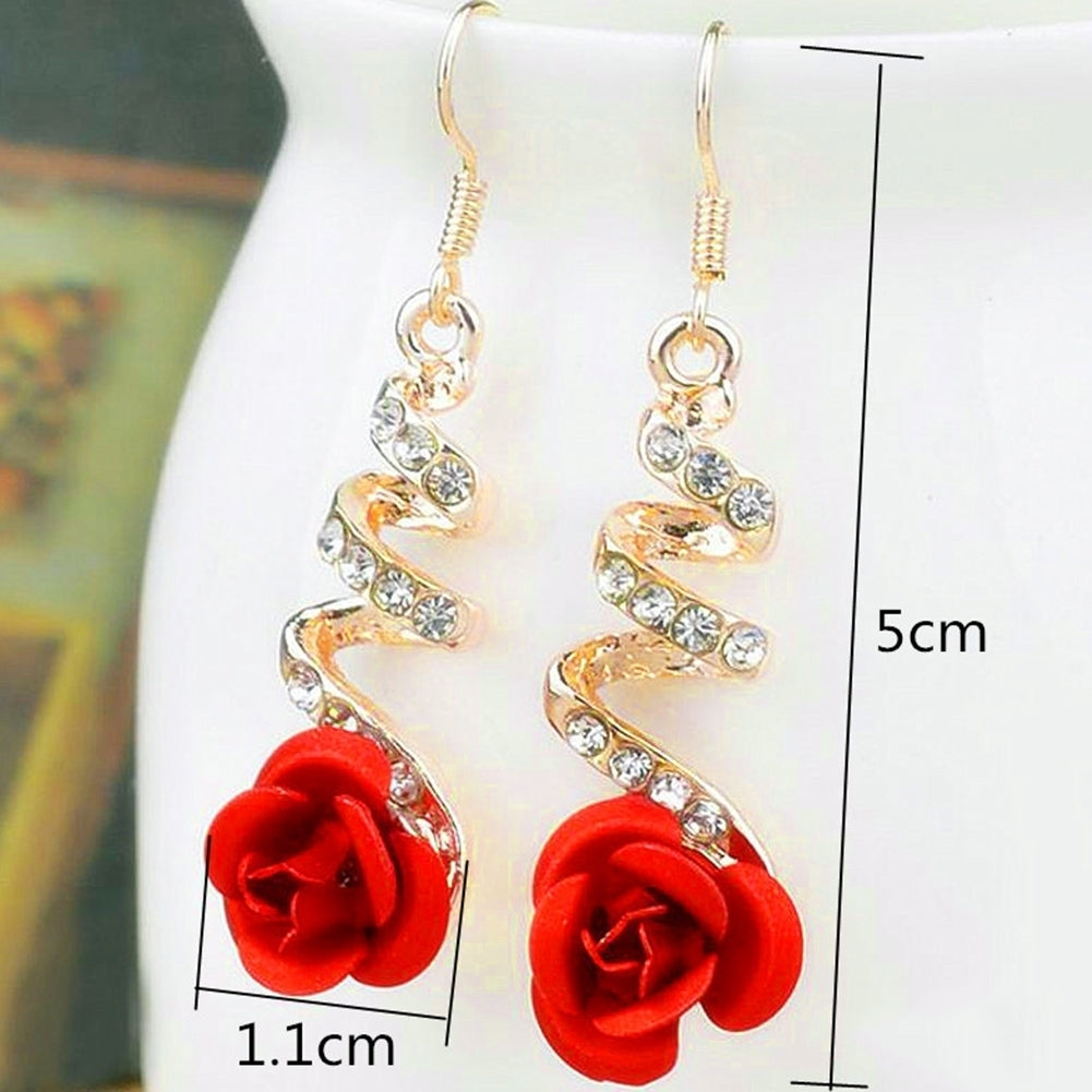 Women Fashion Red Rose Drop Rhinestone Spiral Dangle Hook Earrings Jewelry Gift Image 6