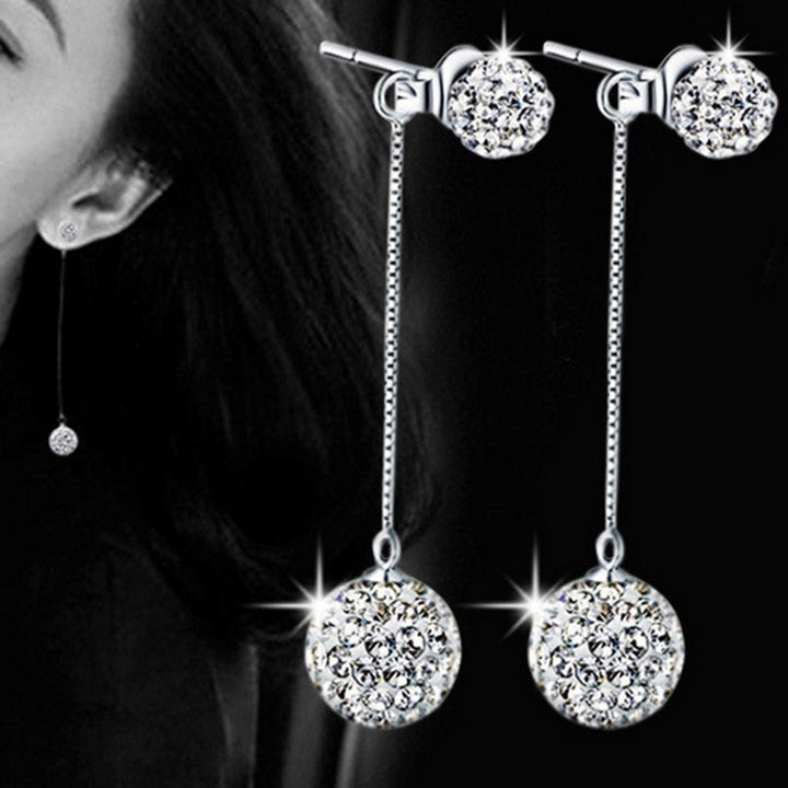 Luxury Full Rhinestone Inlaid Tassel Round Ball Long Dangle Women Stud Earrings Image 3