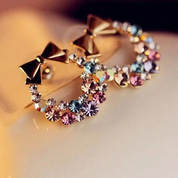 Women Multicolor Rhinestone Inlaid Bowknot Decor Stud Earrings Jewelry Gift Image 1