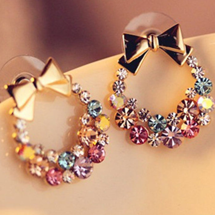 Women Multicolor Rhinestone Inlaid Bowknot Decor Stud Earrings Jewelry Gift Image 2