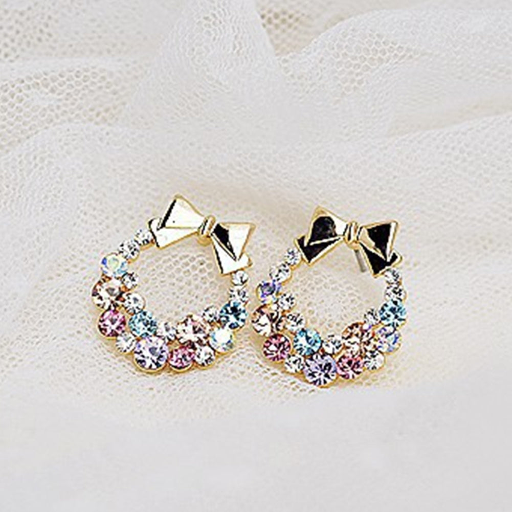 Women Multicolor Rhinestone Inlaid Bowknot Decor Stud Earrings Jewelry Gift Image 3