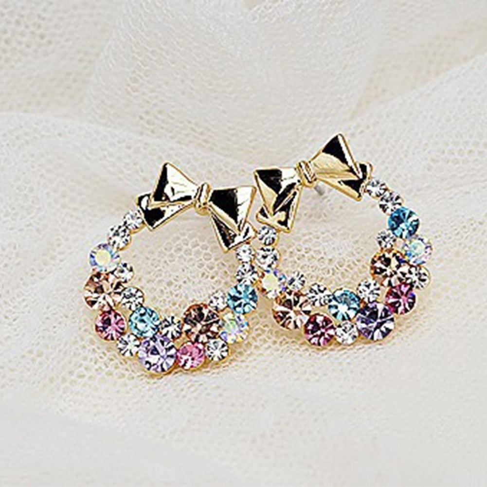 Women Multicolor Rhinestone Inlaid Bowknot Decor Stud Earrings Jewelry Gift Image 4