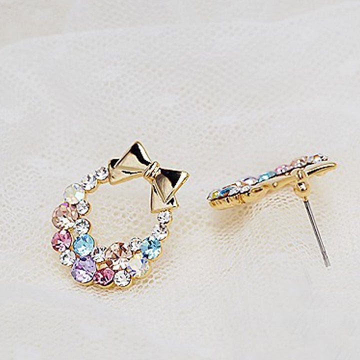 Women Multicolor Rhinestone Inlaid Bowknot Decor Stud Earrings Jewelry Gift Image 4