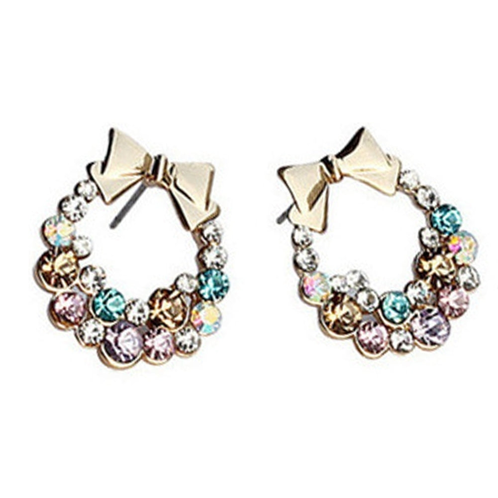 Women Multicolor Rhinestone Inlaid Bowknot Decor Stud Earrings Jewelry Gift Image 8