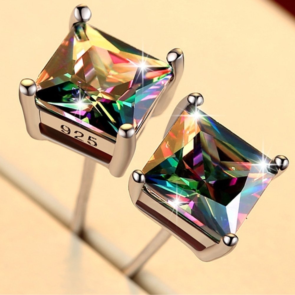 Classic Men Women Round Square Colorful Rhinestone Inlaid Stud Earrings Jewelry Image 4