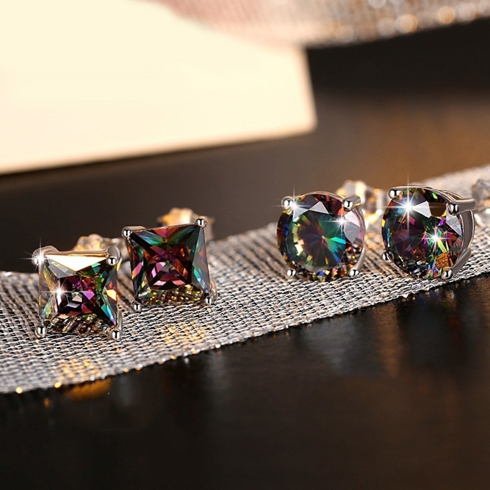 Classic Men Women Round Square Colorful Rhinestone Inlaid Stud Earrings Jewelry Image 7