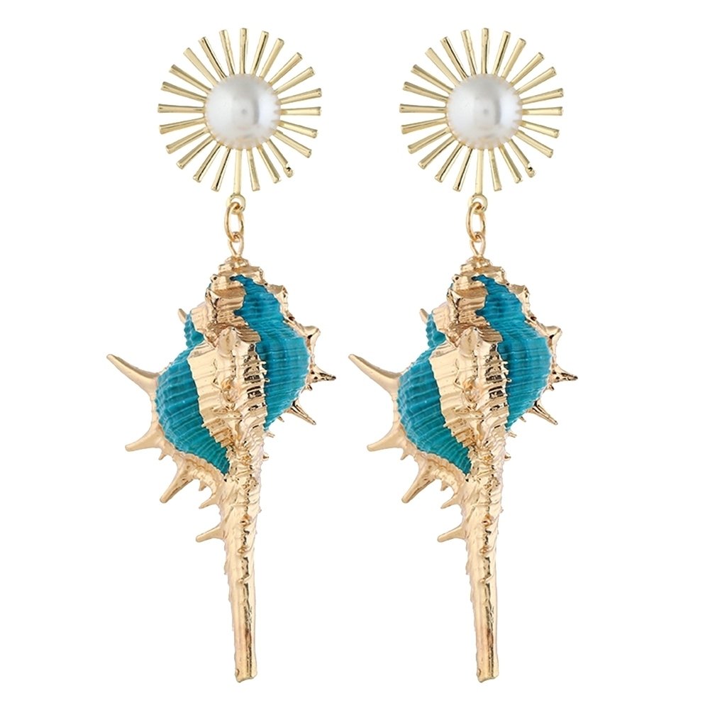 Bohemian Beach Women Faux Pearl Inlaid Conch Pendant Statement Stud Earrings Image 8