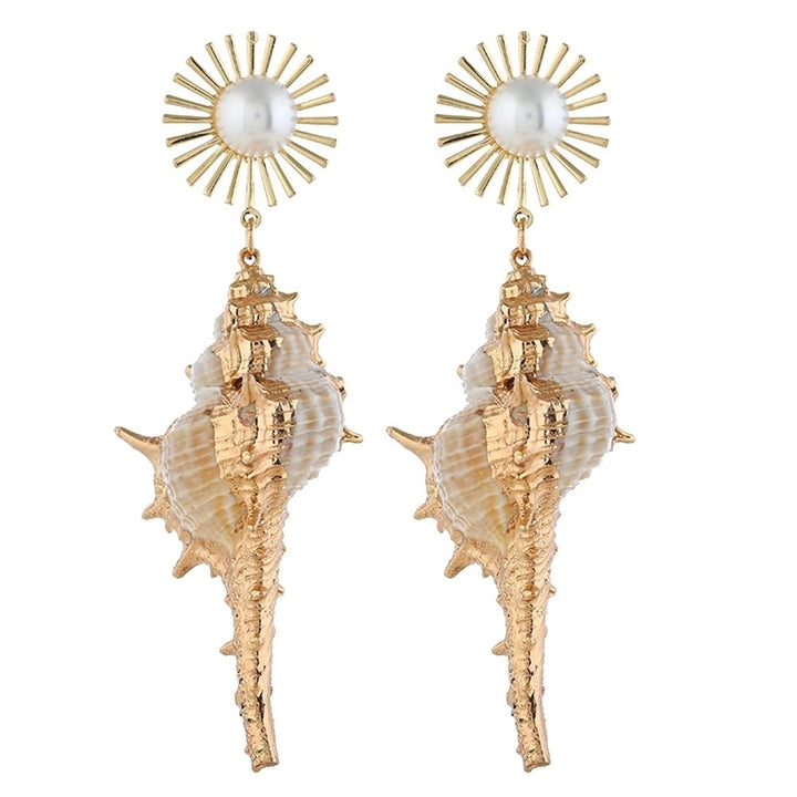 Bohemian Beach Women Faux Pearl Inlaid Conch Pendant Statement Stud Earrings Image 9