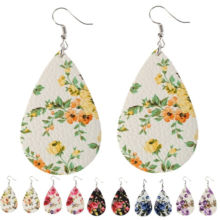 Boho Women Floral Pattern Teardrop Dangle Faux Leather Hook Earrings Jewelry Image 1