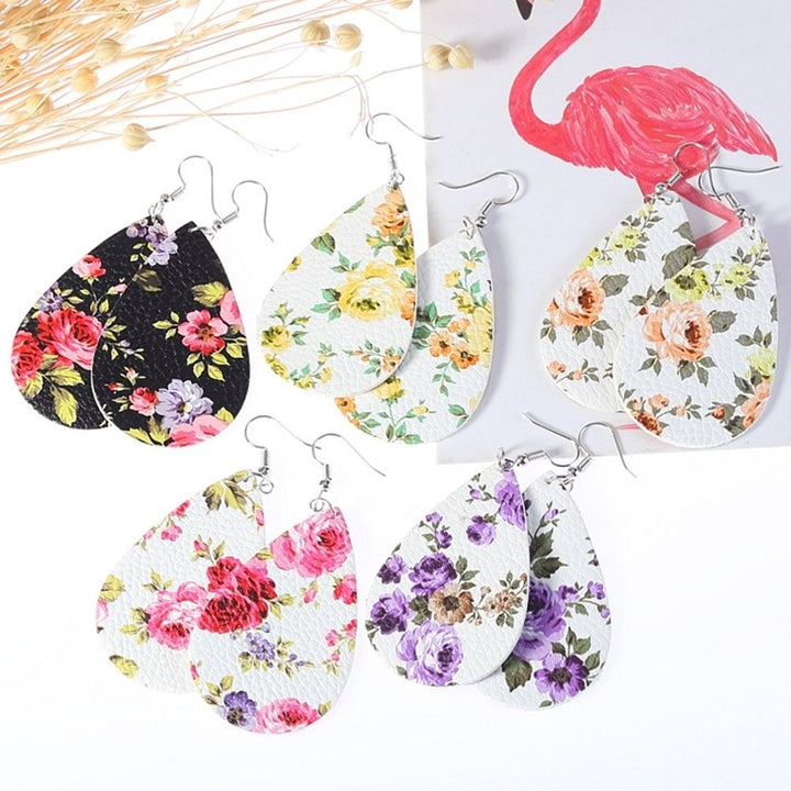 Boho Women Floral Pattern Teardrop Dangle Faux Leather Hook Earrings Jewelry Image 2