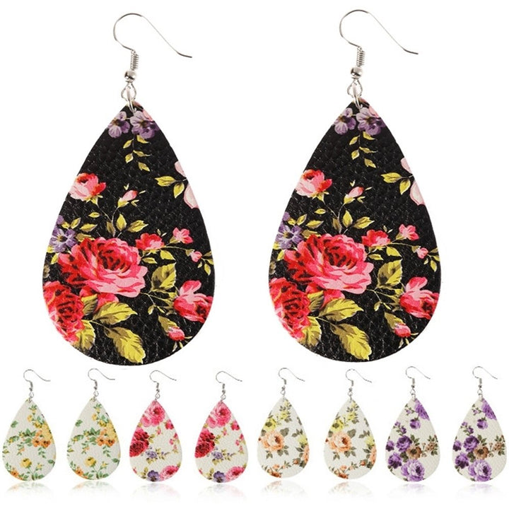 Boho Women Floral Pattern Teardrop Dangle Faux Leather Hook Earrings Jewelry Image 3