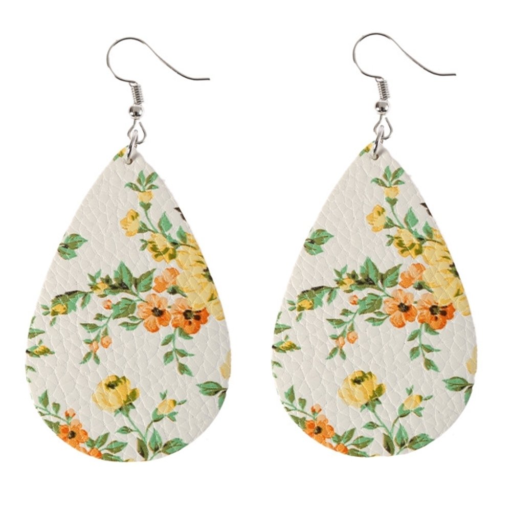 Boho Women Floral Pattern Teardrop Dangle Faux Leather Hook Earrings Jewelry Image 4