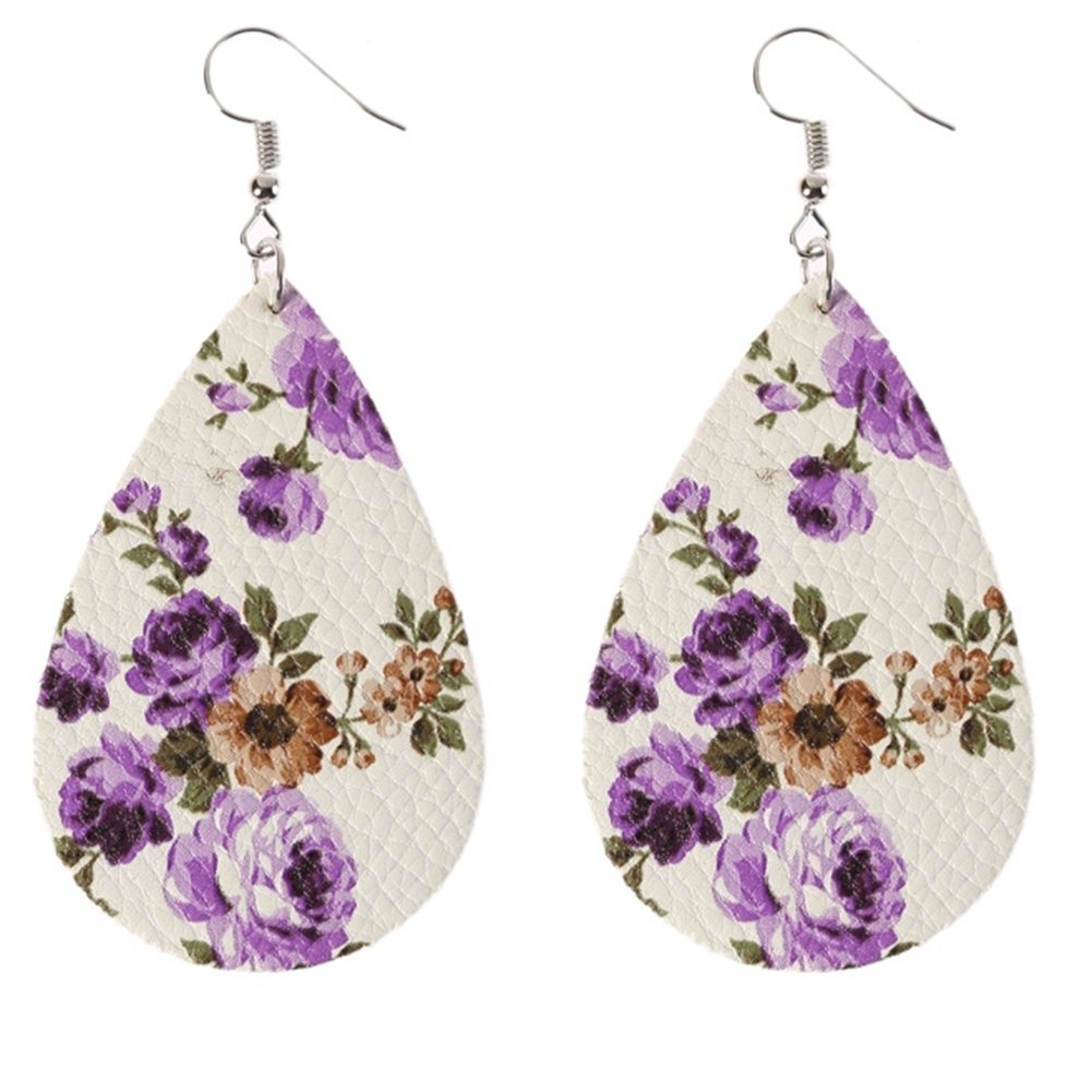 Boho Women Floral Pattern Teardrop Dangle Faux Leather Hook Earrings Jewelry Image 4