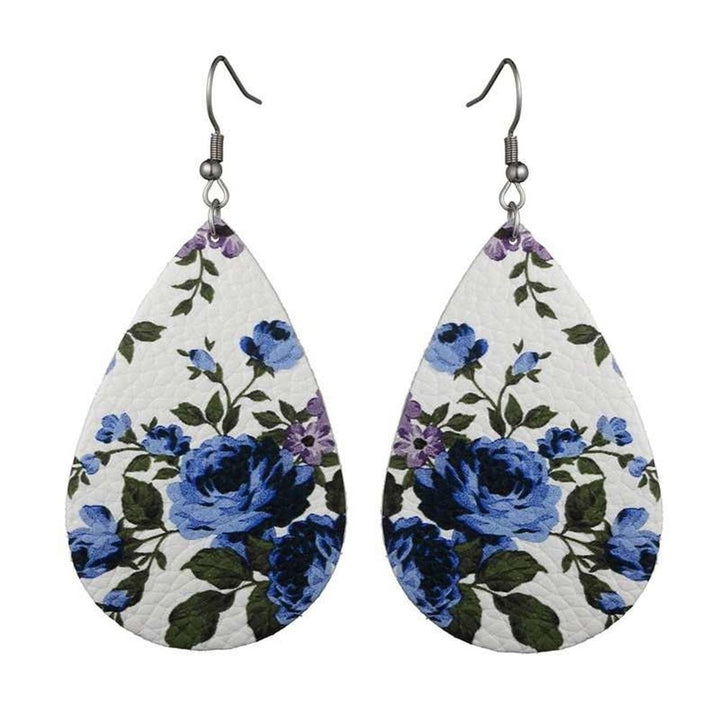 Boho Women Floral Pattern Teardrop Dangle Faux Leather Hook Earrings Jewelry Image 6