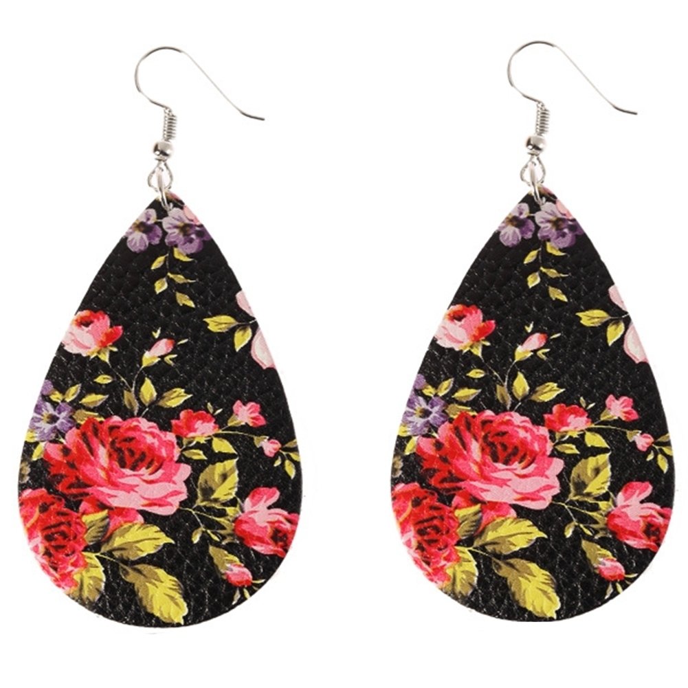 Boho Women Floral Pattern Teardrop Dangle Faux Leather Hook Earrings Jewelry Image 7