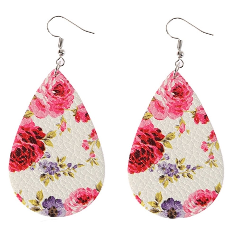 Boho Women Floral Pattern Teardrop Dangle Faux Leather Hook Earrings Jewelry Image 8