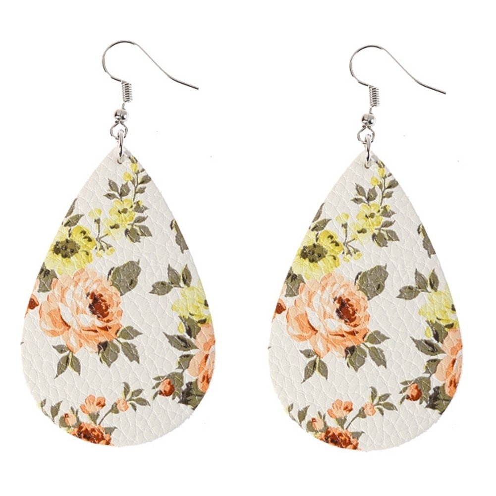 Boho Women Floral Pattern Teardrop Dangle Faux Leather Hook Earrings Jewelry Image 9