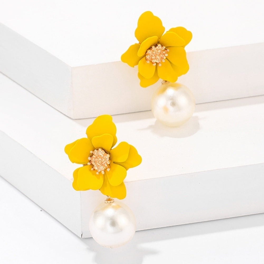 Women Fashion Flower Faux Pearl Pendant Ear Studs Party Earrings Jewelry Gift Image 2