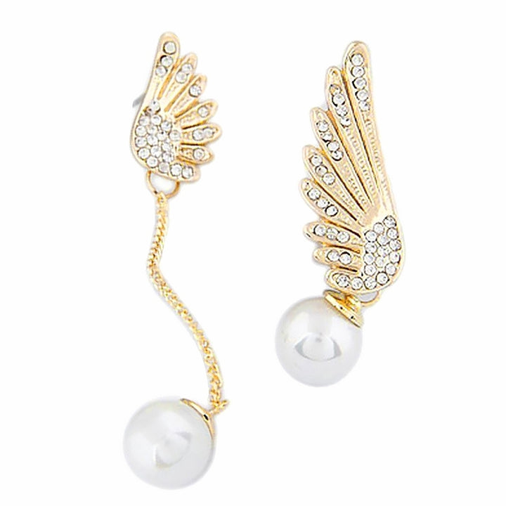 Asymmetric Rhinestone Inlaid Angel Wings Tassel Faux Pearl Women Stud Earrings Image 1