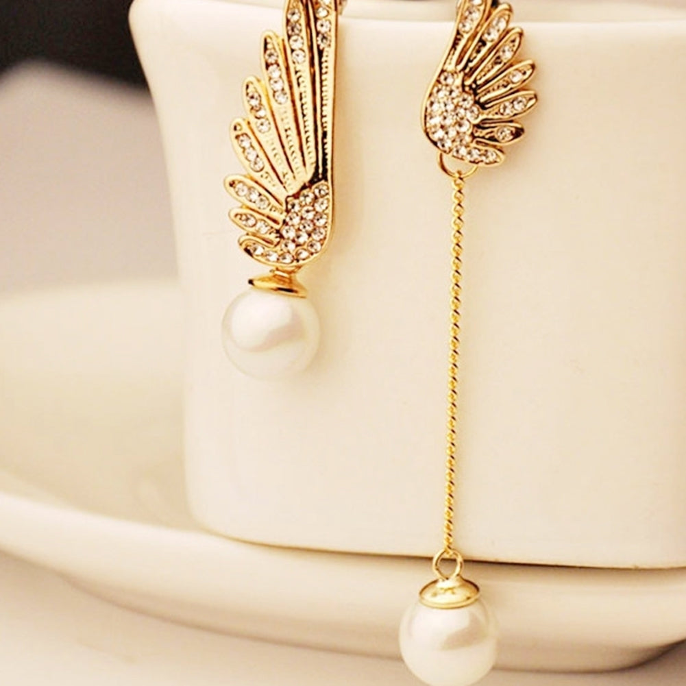 Asymmetric Rhinestone Inlaid Angel Wings Tassel Faux Pearl Women Stud Earrings Image 2