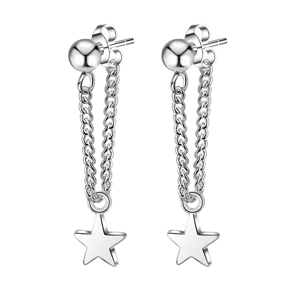 Women Silver Plated Star Chain Tassel Dangle Ear Stud Earrings Jewelry Gift Image 1