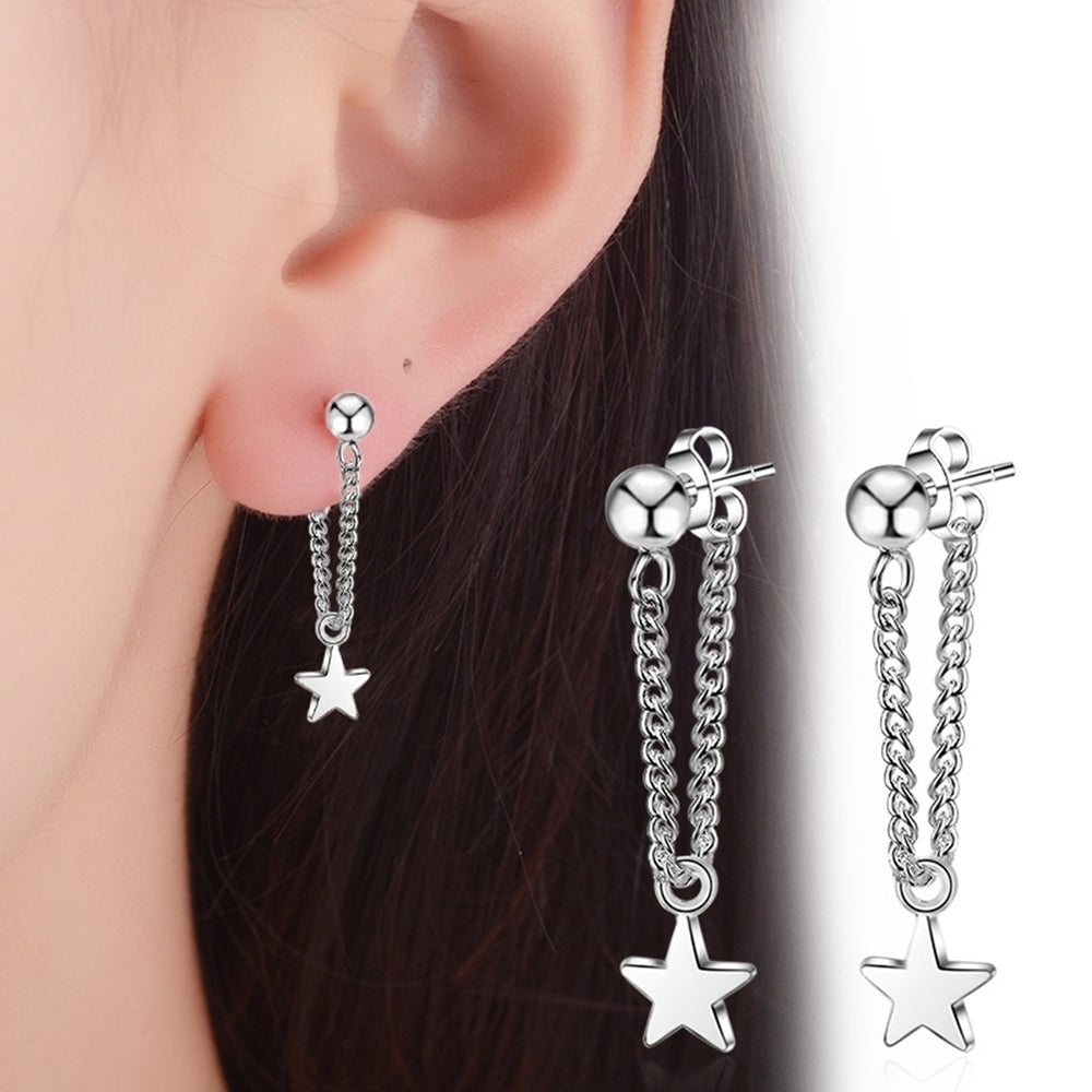 Women Silver Plated Star Chain Tassel Dangle Ear Stud Earrings Jewelry Gift Image 2