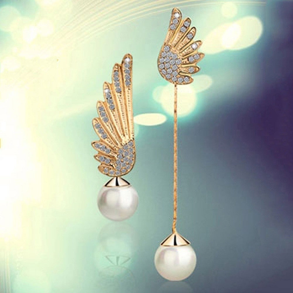 Asymmetric Rhinestone Inlaid Angel Wings Tassel Faux Pearl Women Stud Earrings Image 4