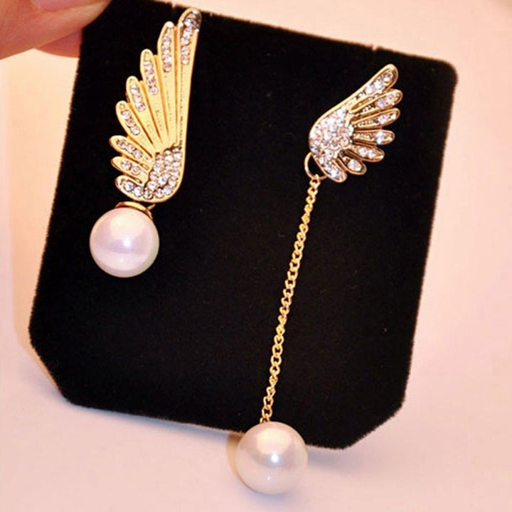 Asymmetric Rhinestone Inlaid Angel Wings Tassel Faux Pearl Women Stud Earrings Image 6