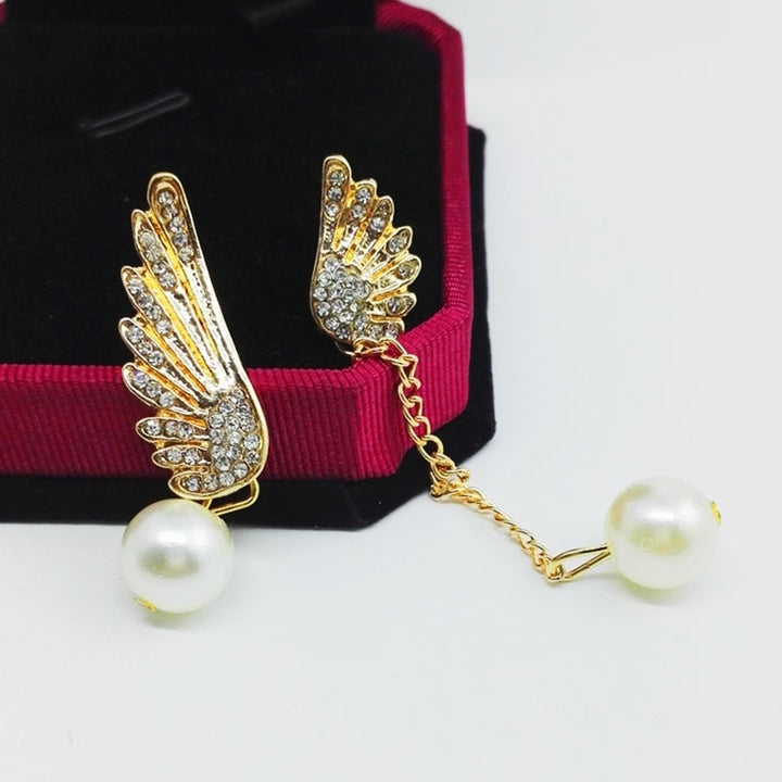 Asymmetric Rhinestone Inlaid Angel Wings Tassel Faux Pearl Women Stud Earrings Image 7