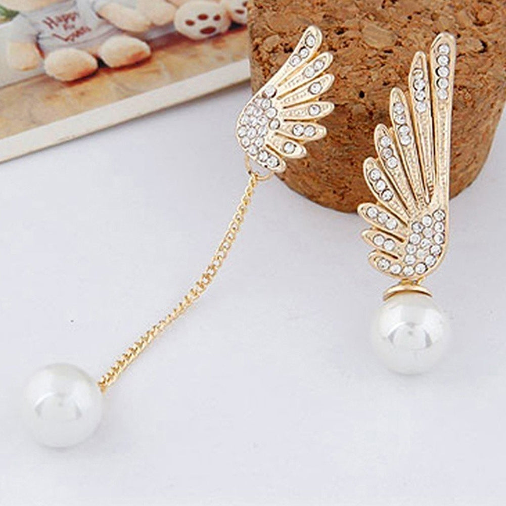 Asymmetric Rhinestone Inlaid Angel Wings Tassel Faux Pearl Women Stud Earrings Image 8