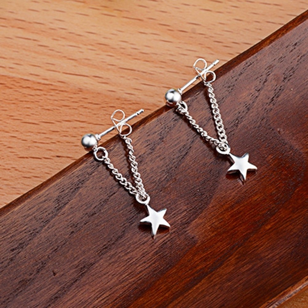 Women Silver Plated Star Chain Tassel Dangle Ear Stud Earrings Jewelry Gift Image 6