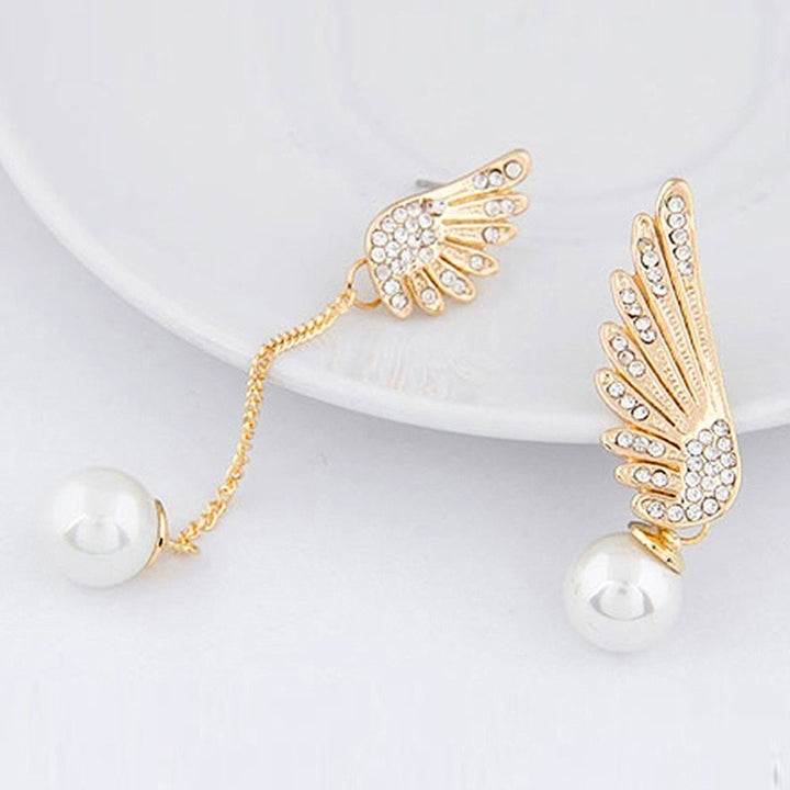 Asymmetric Rhinestone Inlaid Angel Wings Tassel Faux Pearl Women Stud Earrings Image 9