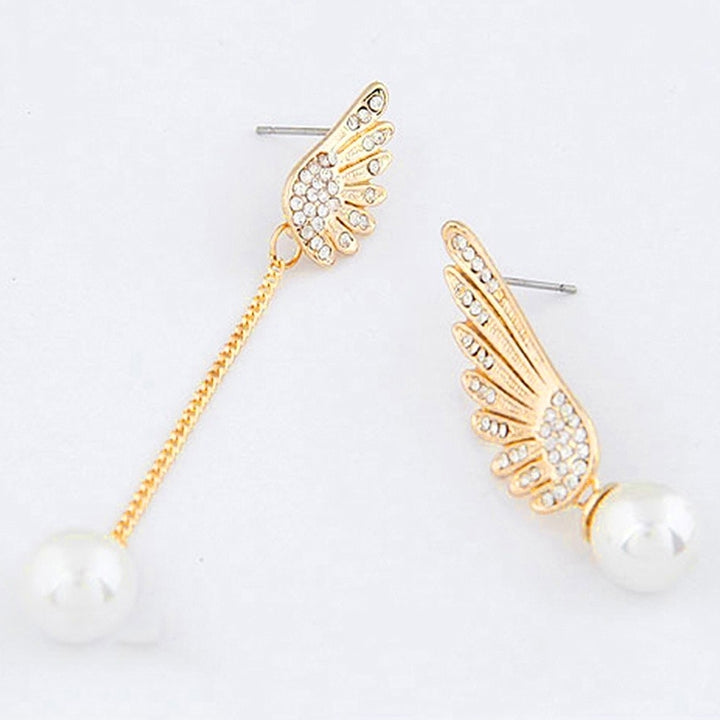 Asymmetric Rhinestone Inlaid Angel Wings Tassel Faux Pearl Women Stud Earrings Image 10