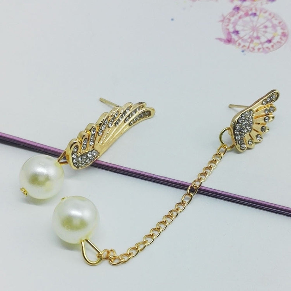 Asymmetric Rhinestone Inlaid Angel Wings Tassel Faux Pearl Women Stud Earrings Image 12