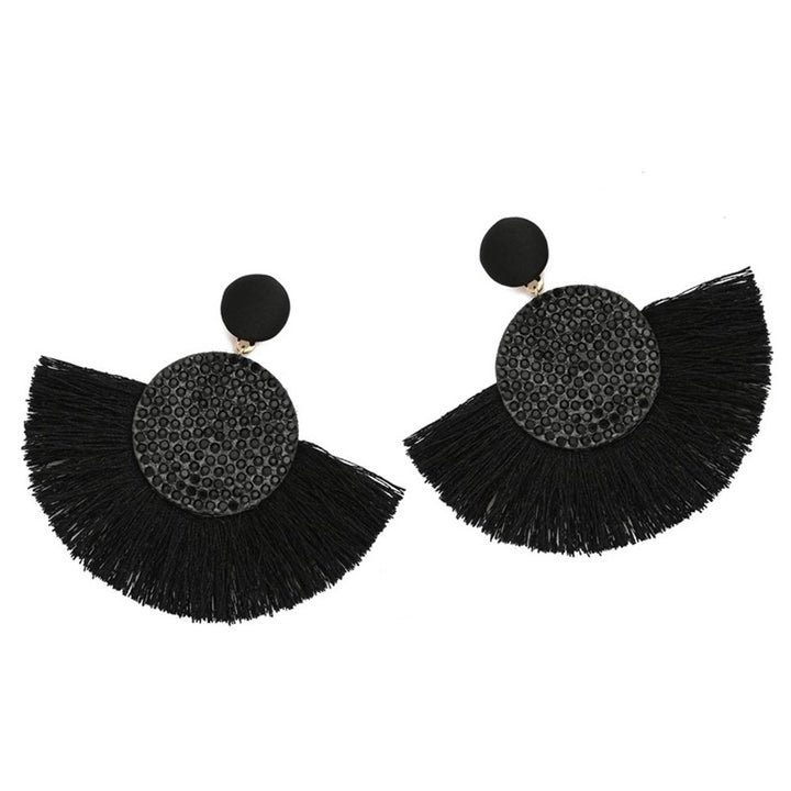 Bohemia Women Fan Shape Tassel Rhinestone Inlaid Ear Stud Earrings Jewelry Gift Image 2