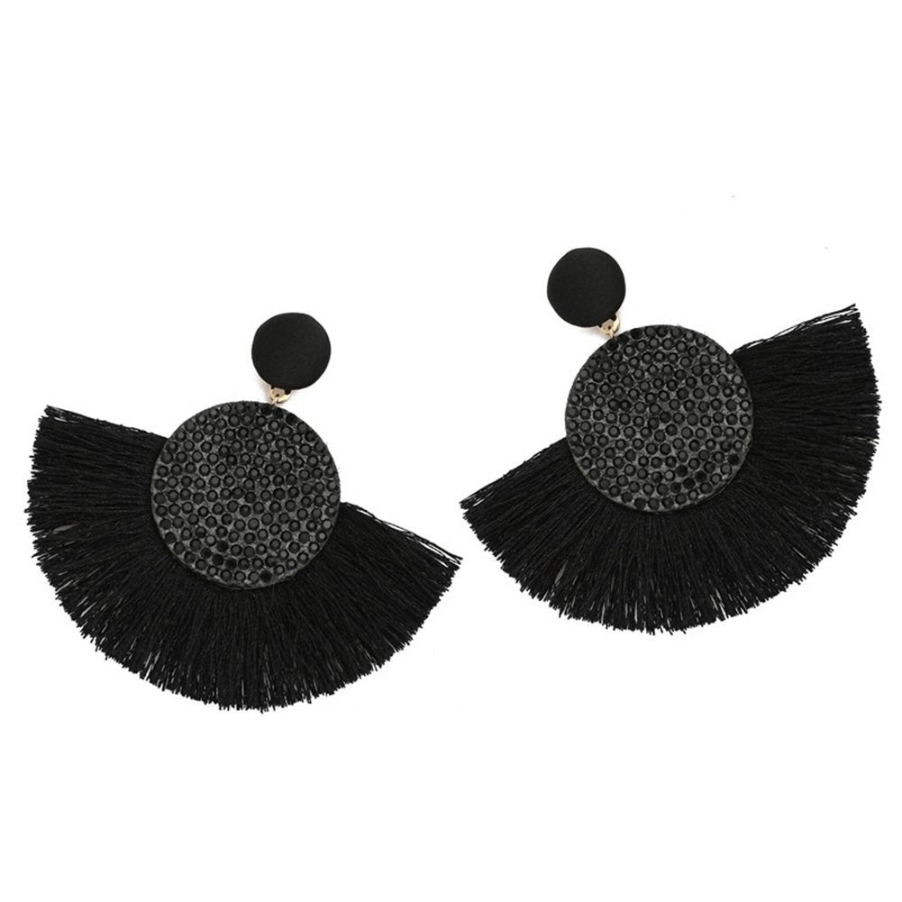 Bohemia Women Fan Shape Tassel Rhinestone Inlaid Ear Stud Earrings Jewelry Gift Image 1