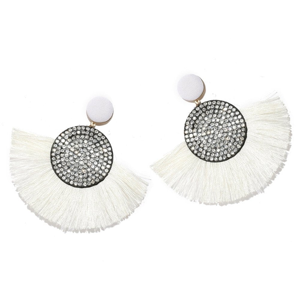 Bohemia Women Fan Shape Tassel Rhinestone Inlaid Ear Stud Earrings Jewelry Gift Image 3