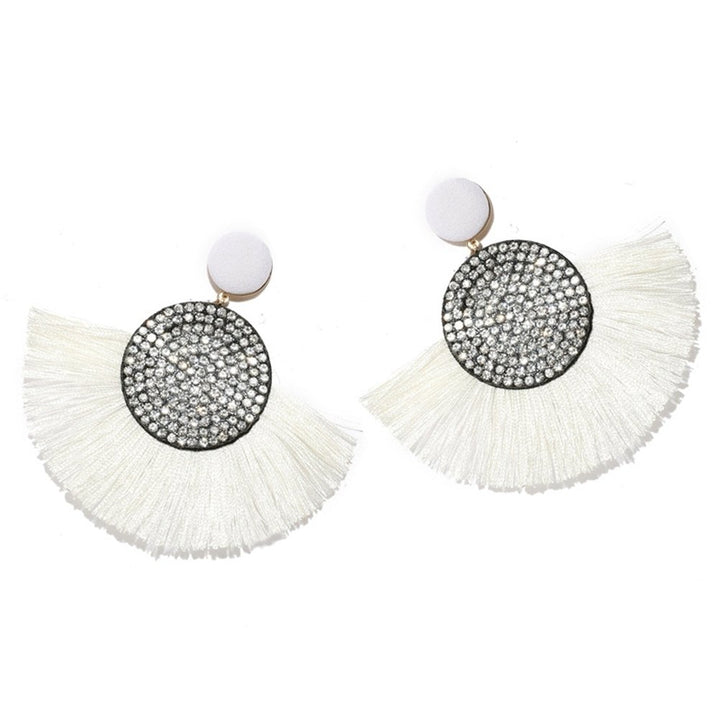 Bohemia Women Fan Shape Tassel Rhinestone Inlaid Ear Stud Earrings Jewelry Gift Image 1