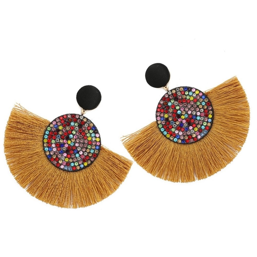 Bohemia Women Fan Shape Tassel Rhinestone Inlaid Ear Stud Earrings Jewelry Gift Image 4