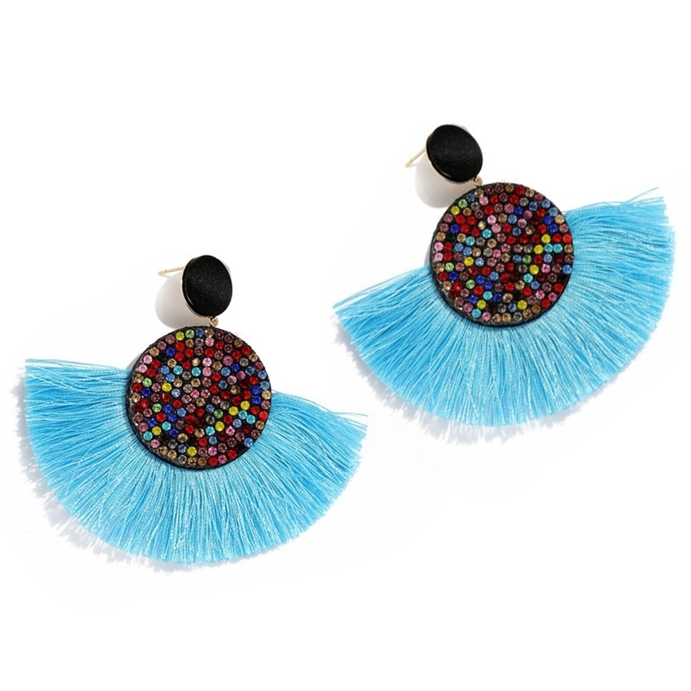 Bohemia Women Fan Shape Tassel Rhinestone Inlaid Ear Stud Earrings Jewelry Gift Image 9